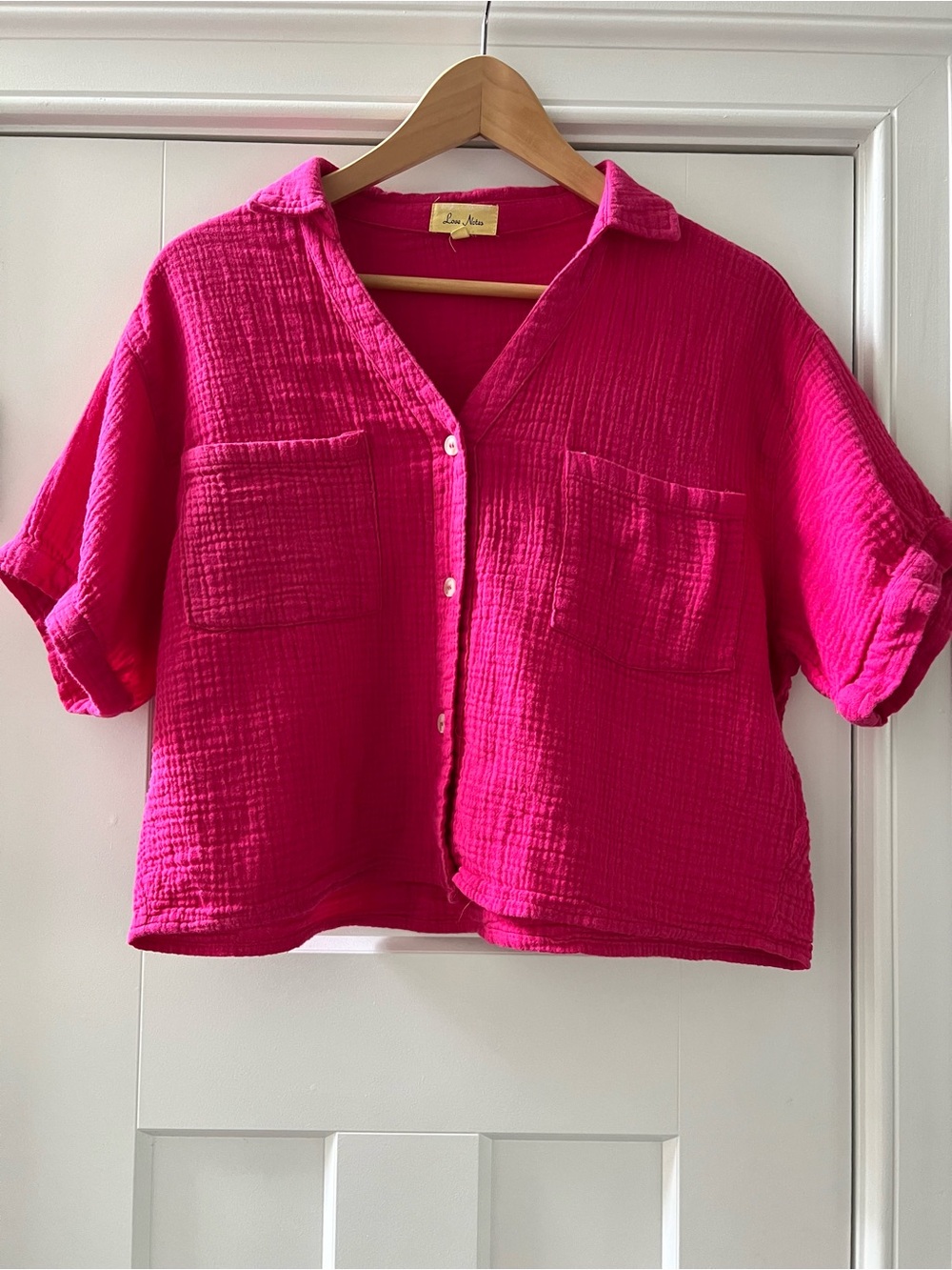 Love Notes Hot Pink Cotton Boxy Gauze Cropped Button-Up Shirt Size L